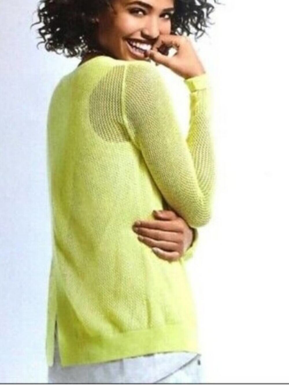CAbi Split Back Crewneck Pullover Sweater Lemon-Lime Small NWT